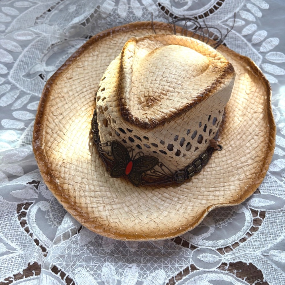 Y2K Garden Fairy Straw Cowboy Hat Butterfly Medallion Tea Stained Western Bpho